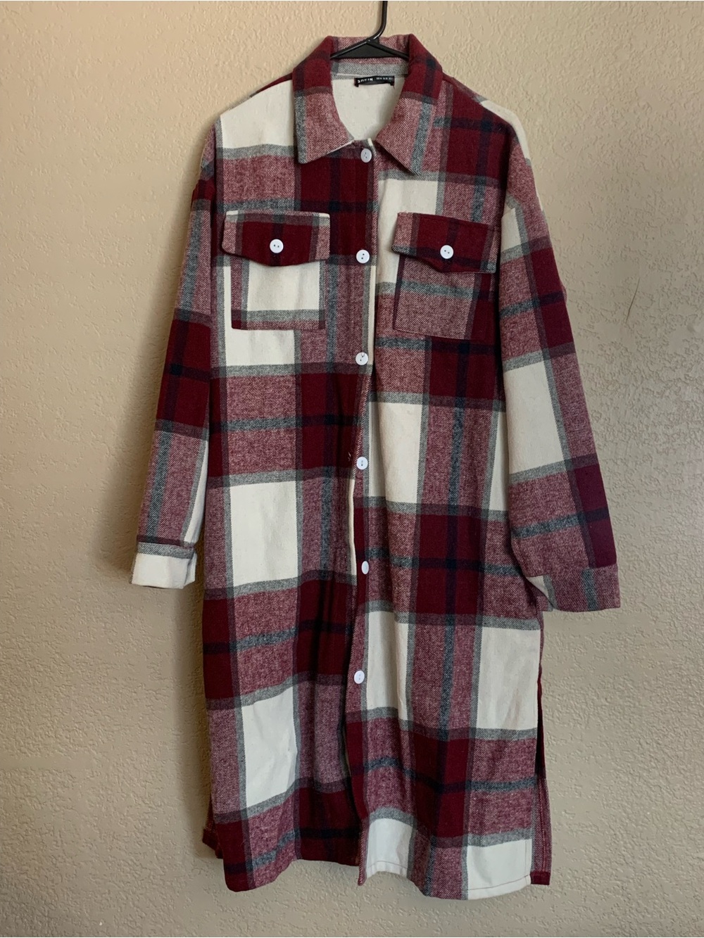 SHEIN Red and Cream Plaid Longline Shirt Jacket